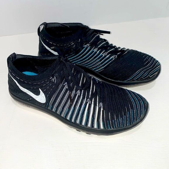 Nike Free Transform Flyknit Black Blue Striped Athletic Gym Shoes Trainers Sz 8 - Picture 4 of 14